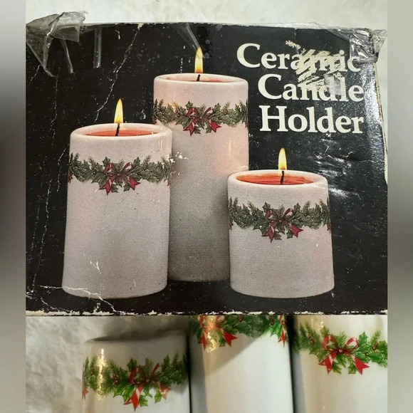 Vintage Ceramic Holly & Ivy Berry Candle Holders Original 90’s Christmas Decor - Picture 3 of 14